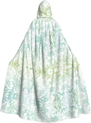 Green Sea Blue Seaweed print Hooded cape for adults, Oversized Hooded Cloak with Bow Tie, Adult party dress cape