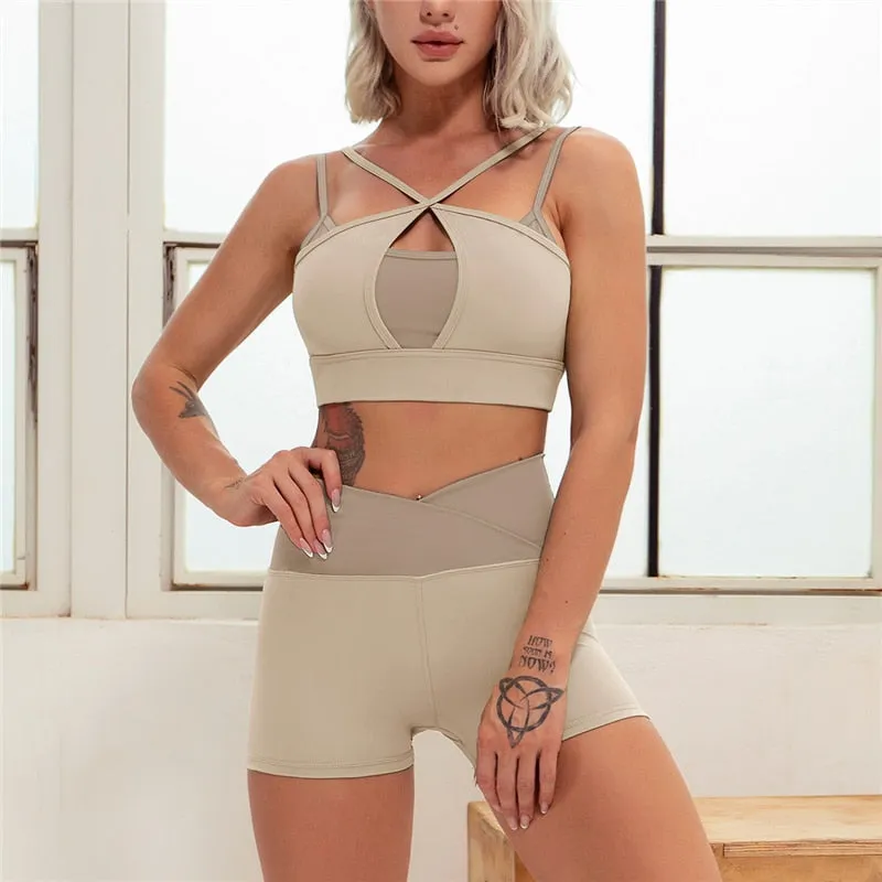 Hamidou Patchwork Yoga Sets 2 Pcs Sportswear Women Gym Sets Female Fitness Sport Suit Padded Sport Bra High Waist Leggings