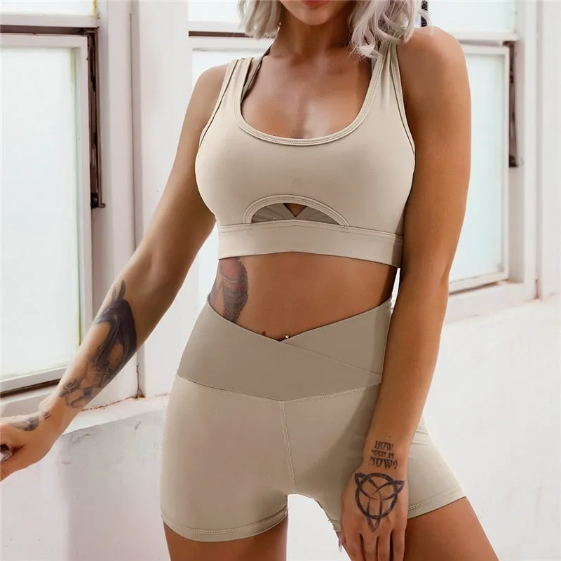 Hamidou Patchwork Yoga Sets 2 Pcs Sportswear Women Gym Sets Female Fitness Sport Suit Padded Sport Bra High Waist Leggings