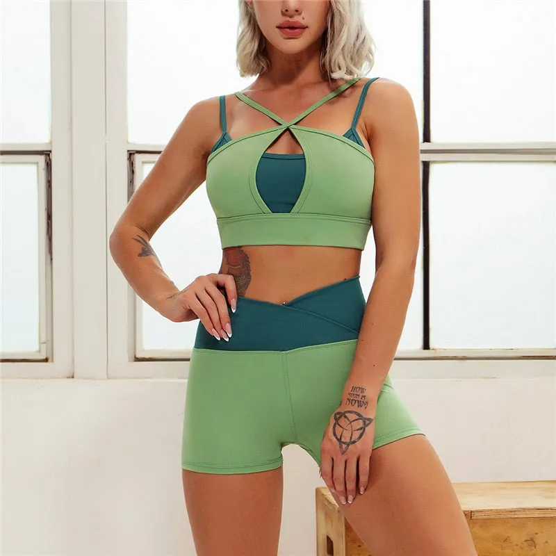 Hamidou Patchwork Yoga Sets 2 Pcs Sportswear Women Gym Sets Female Fitness Sport Suit Padded Sport Bra High Waist Leggings