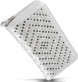 HANDBAG EXPRESS Womens Compact Wallet Vegan Leather Checkbook Long Cute Bling Rhinestone (7216 Silver)