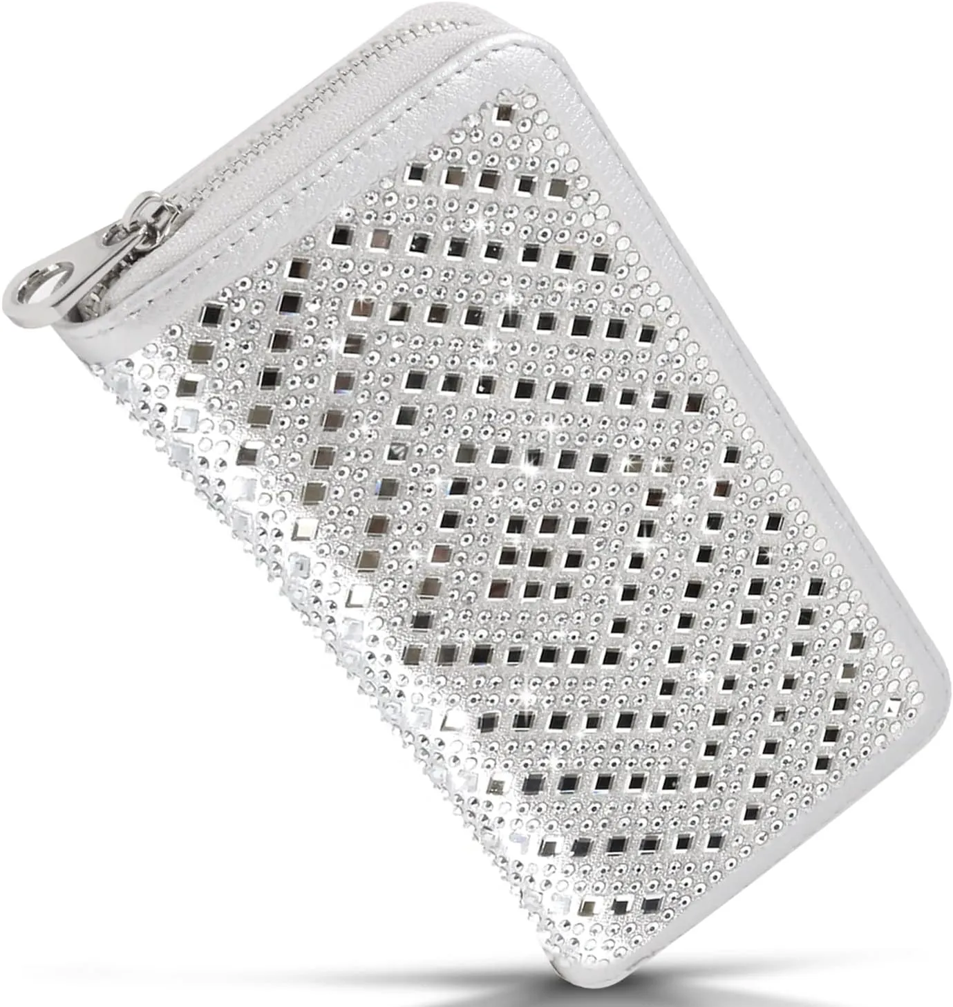 HANDBAG EXPRESS Womens Compact Wallet Vegan Leather Checkbook Long Cute Bling Rhinestone (7216 Silver)