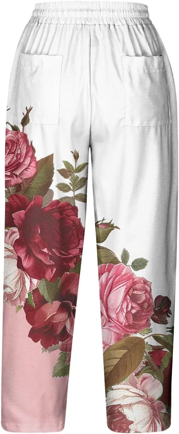 Hawaii Capri Pants for Women Casual Tropical Floral Print Pants Elastic High Waist Drawstring Summer Beach Trousers