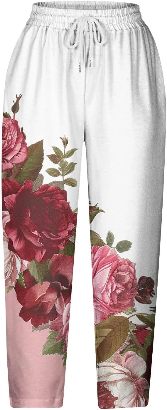 Hawaii Capri Pants for Women Casual Tropical Floral Print Pants Elastic High Waist Drawstring Summer Beach Trousers