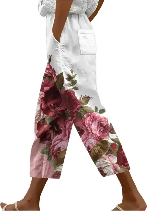 Hawaii Capri Pants for Women Casual Tropical Floral Print Pants Elastic High Waist Drawstring Summer Beach Trousers