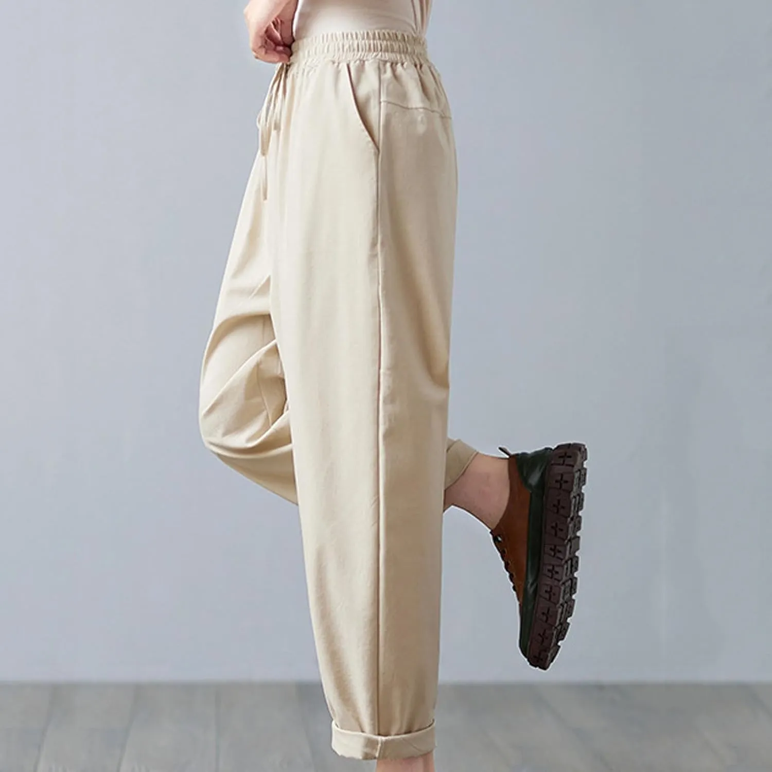 High Waisted Pants for Women Cotton Linen Wide Leg Pants Elastic Waist Drawstring Casual Pant Summer Lounge Trousers