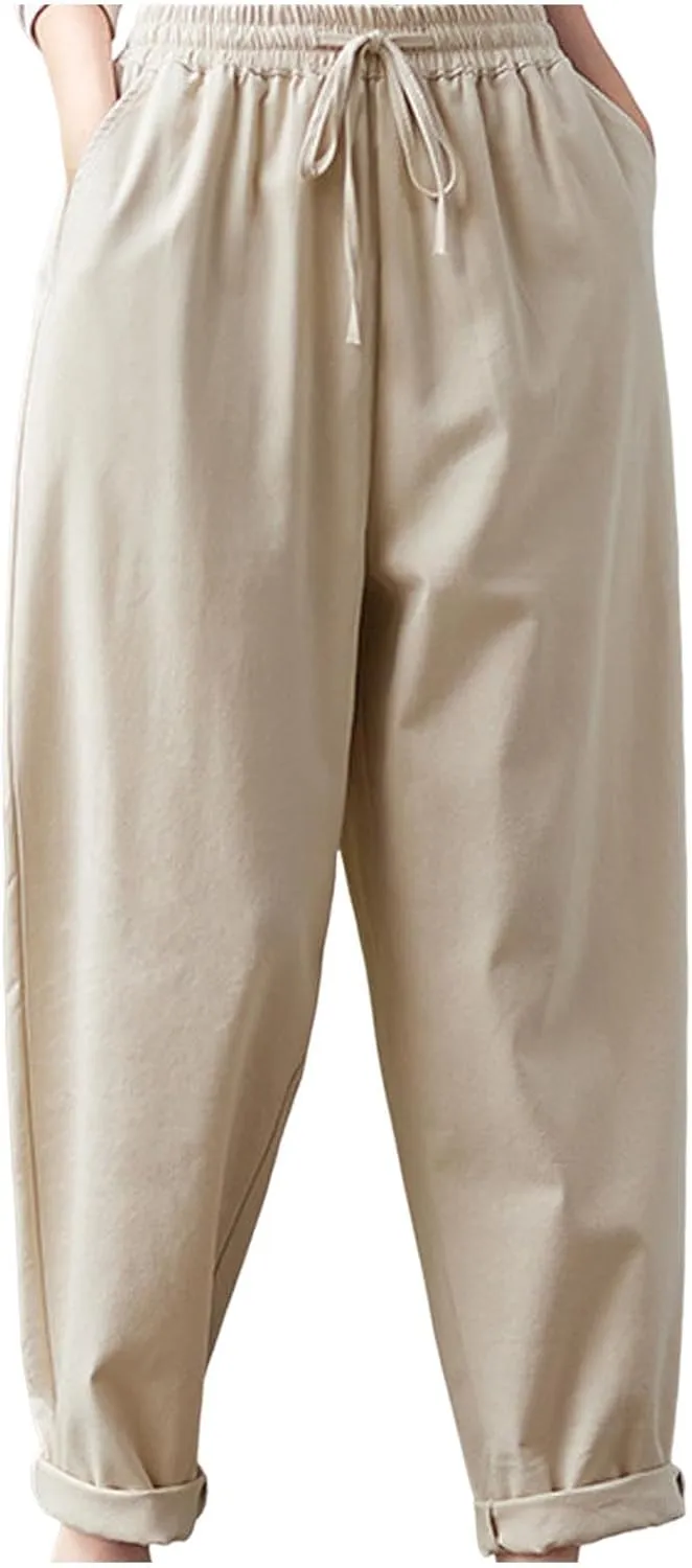 High Waisted Pants for Women Cotton Linen Wide Leg Pants Elastic Waist Drawstring Casual Pant Summer Lounge Trousers