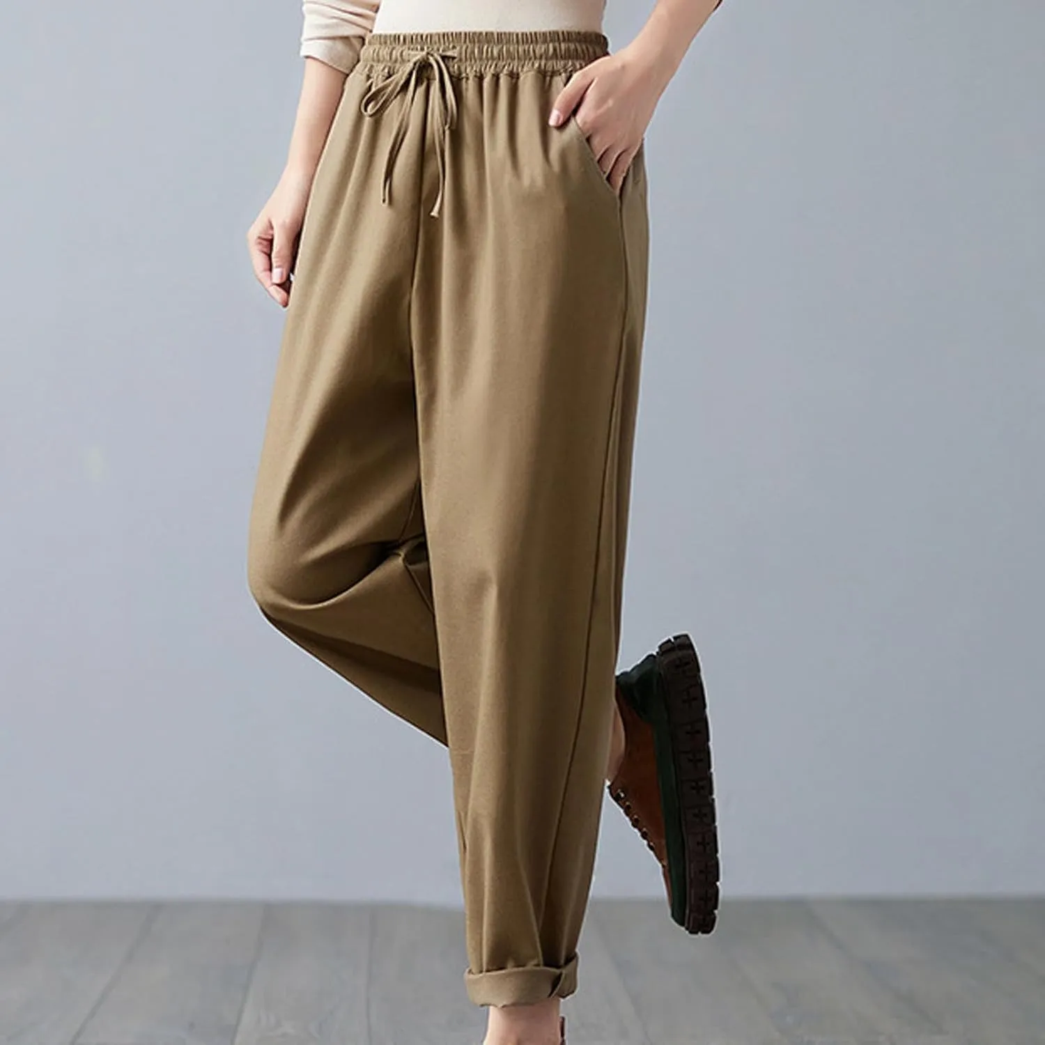 High Waisted Pants for Women Cotton Linen Wide Leg Pants Elastic Waist Drawstring Casual Pant Summer Lounge Trousers