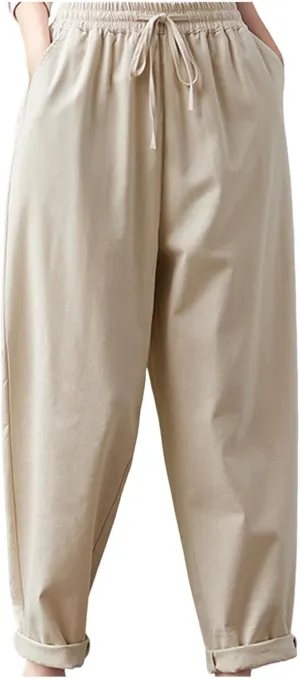 High Waisted Pants for Women Cotton Linen Wide Leg Pants Elastic Waist Drawstring Casual Pant Summer Lounge Trousers