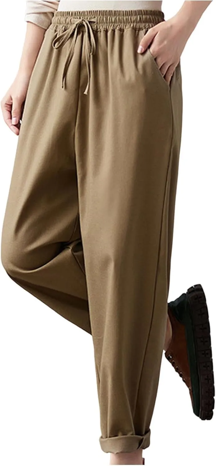 High Waisted Pants for Women Cotton Linen Wide Leg Pants Elastic Waist Drawstring Casual Pant Summer Lounge Trousers
