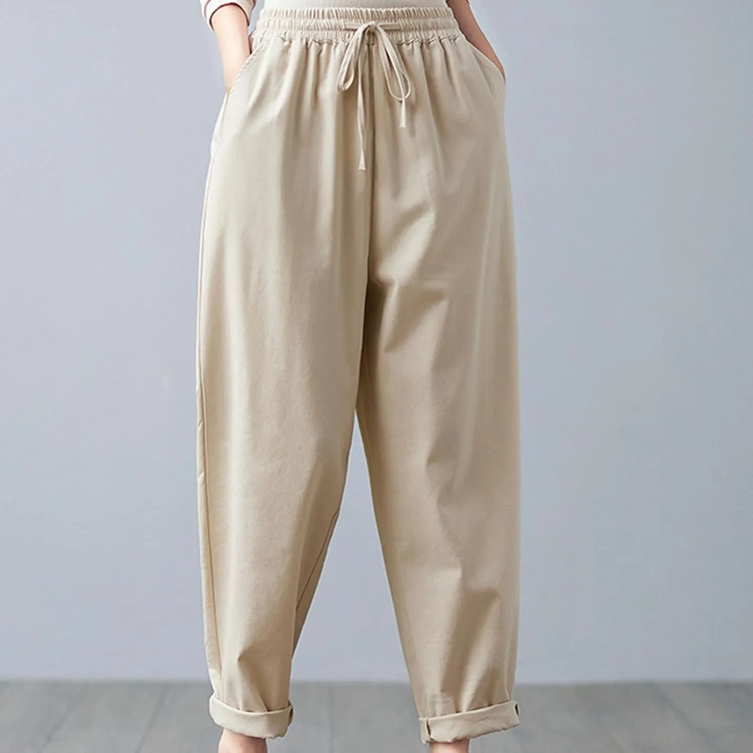 High Waisted Pants for Women Cotton Linen Wide Leg Pants Elastic Waist Drawstring Casual Pant Summer Lounge Trousers