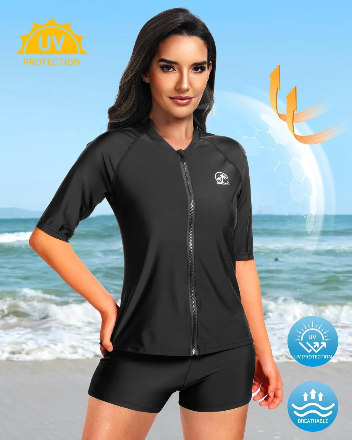 Holipick Women 2 Piece Rash Guard Short Sleeve Swimsuit with Shorts Full Zipper SPF Swim Shirts