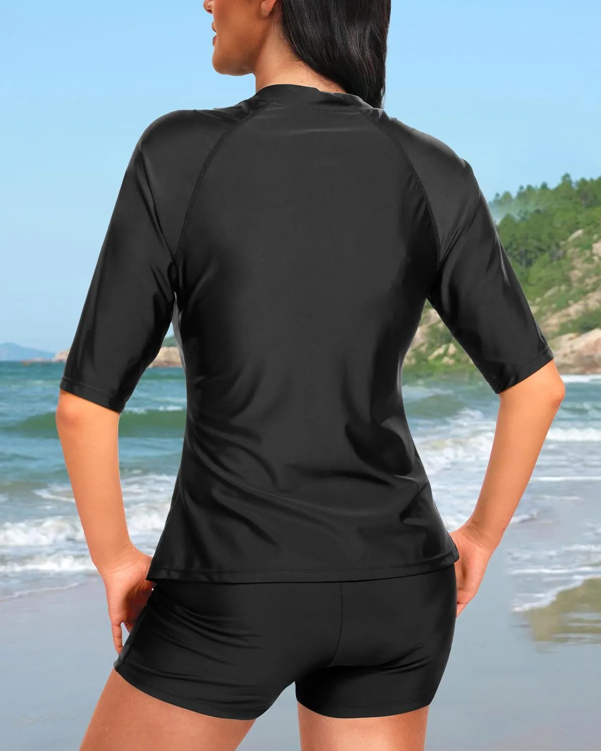 Holipick Women 2 Piece Rash Guard Short Sleeve Swimsuit with Shorts Full Zipper SPF Swim Shirts