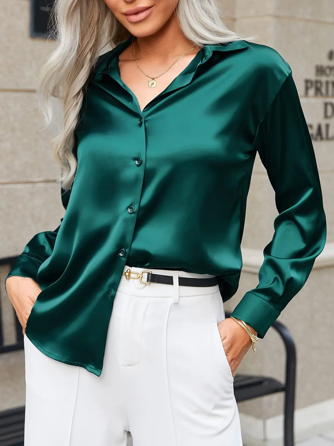 HOTOUCH Women Satin Silk Button Down Shirt Ladies Long Sleeve Tops V Neck Loose Blouse Dressy Business Casual Work Tunic Fall