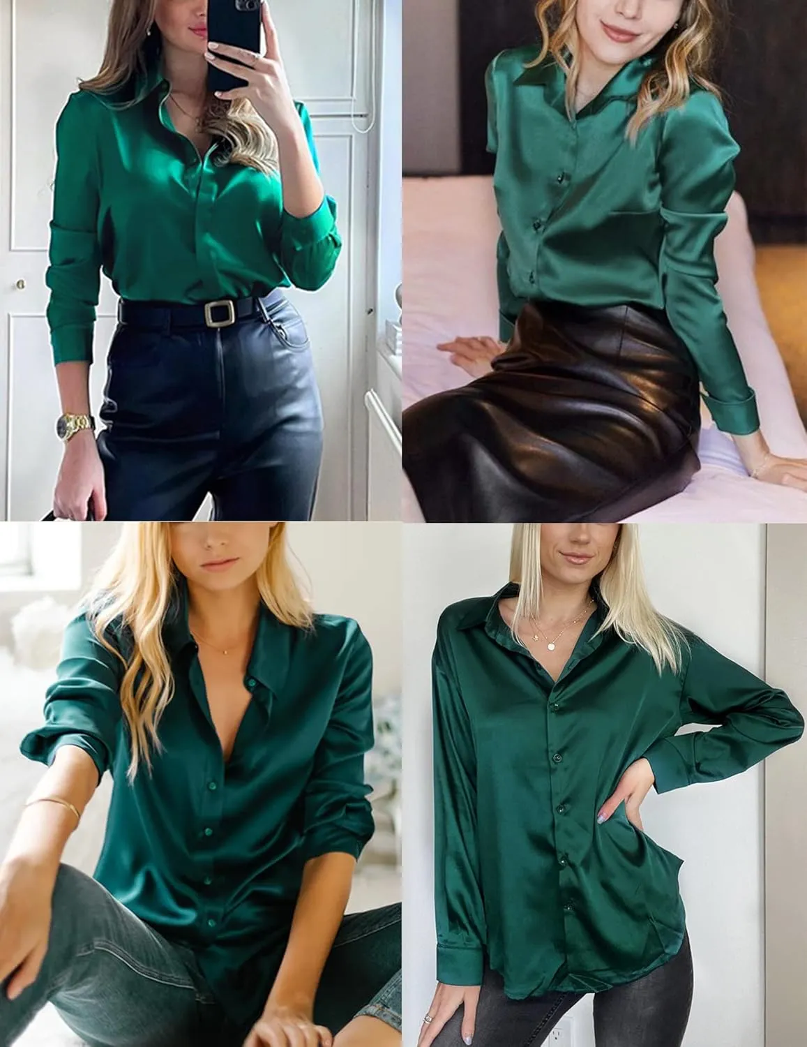HOTOUCH Women Satin Silk Button Down Shirt Ladies Long Sleeve Tops V Neck Loose Blouse Dressy Business Casual Work Tunic Fall
