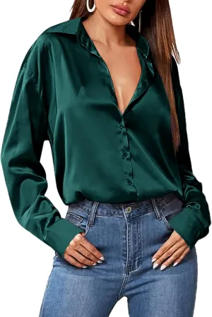 HOTOUCH Women Satin Silk Button Down Shirt Ladies Long Sleeve Tops V Neck Loose Blouse Dressy Business Casual Work Tunic Fall