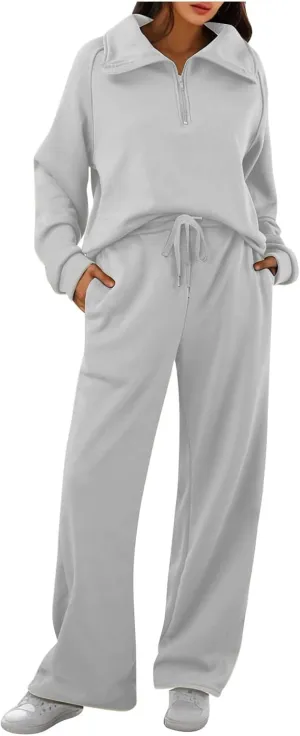 Houjibfa Womens 2 Piece Outfits Lounge Half Zip Hoodie Sweatsuit Sets Oversized Sweatshirt Baggy Fall Fashion Sweatpants