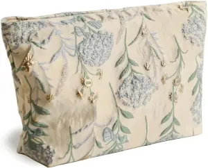 Hydrangea Floral Makeup Bag - Durable & Portable Travel Cosmetic Organizer with Zipper, Embroidered, Toiletry Bag for Women & Girls (Hydrangea Makeup Bag)