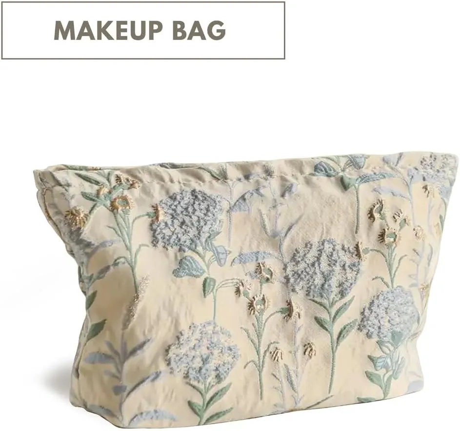 Hydrangea Floral Makeup Bag - Durable & Portable Travel Cosmetic Organizer with Zipper, Embroidered, Toiletry Bag for Women & Girls (Hydrangea Makeup Bag)