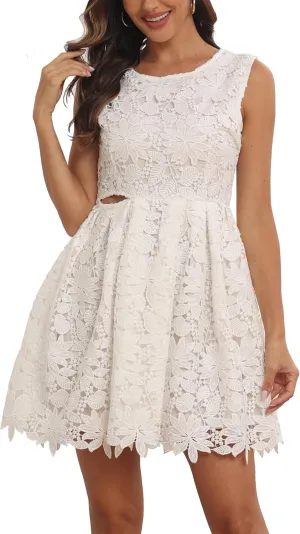 iceKiss Elegant Women's Sleeveless Lace Trimmings Floral Pattern Mini Dress - Perfect for Special Occasions