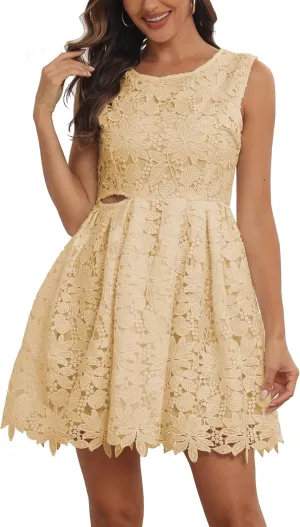 iceKiss Elegant Women's Sleeveless Lace Trimmings Floral Pattern Mini Dress - Perfect for Special Occasions