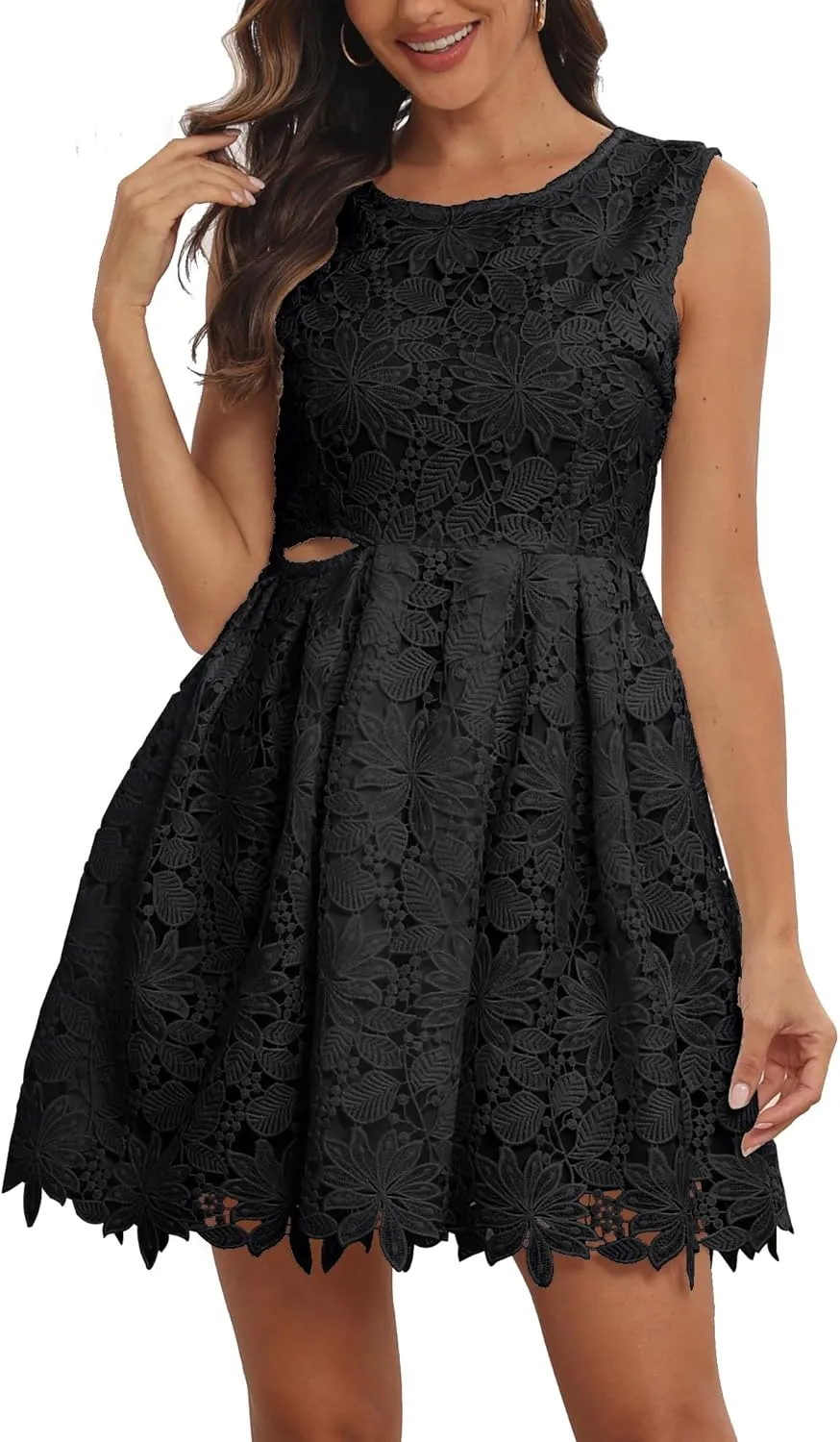 iceKiss Elegant Women's Sleeveless Lace Trimmings Floral Pattern Mini Dress - Perfect for Special Occasions