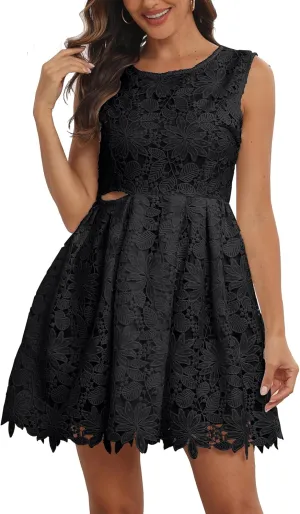 iceKiss Elegant Women's Sleeveless Lace Trimmings Floral Pattern Mini Dress - Perfect for Special Occasions