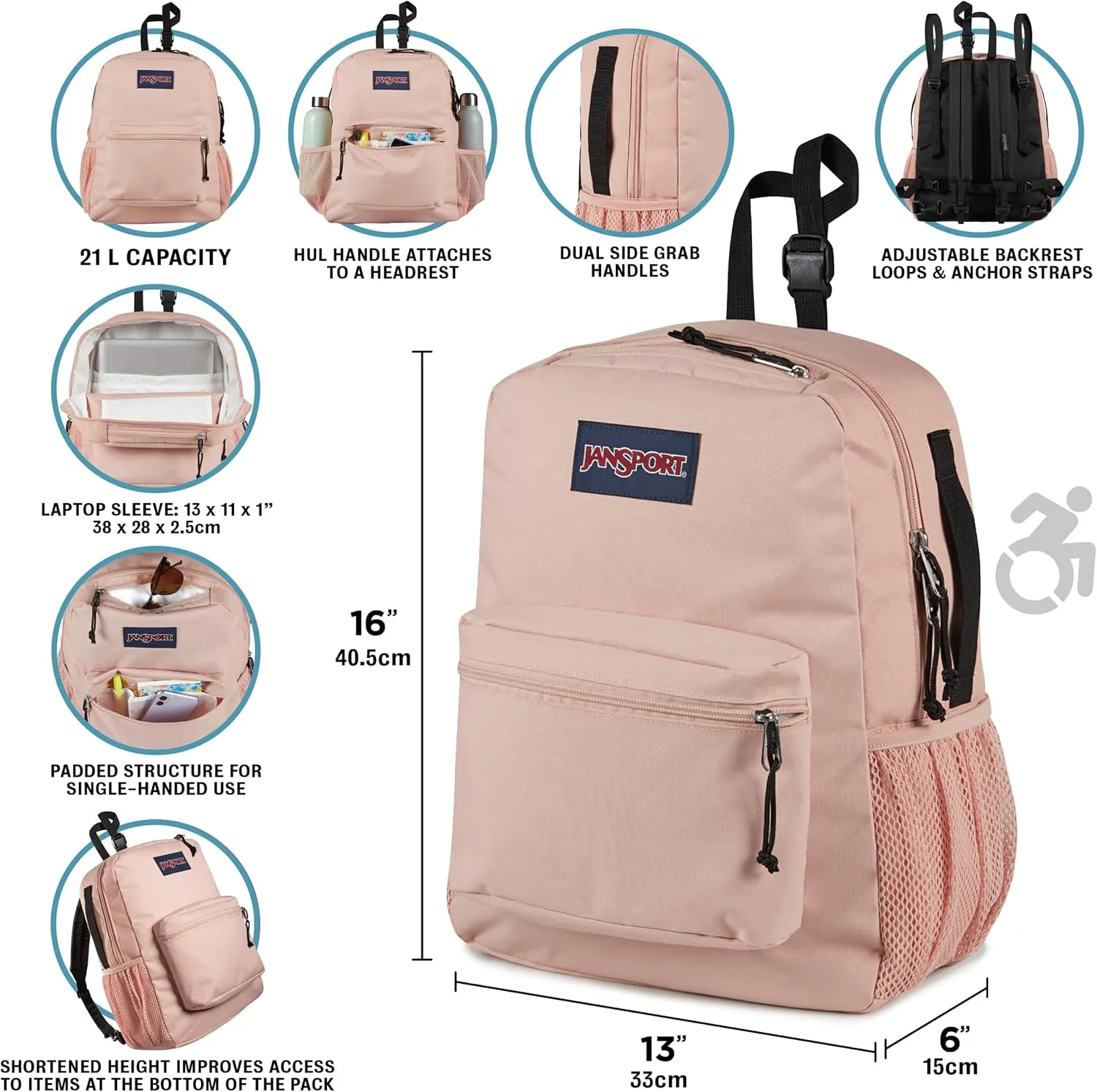 JanSport Central Adaptive Backpack  Wheelchair & Walker Compatible, Tuck-Away Shoulder Straps, Adjustable Backrest Loops & Anchor Straps, Iconic Design, Black
