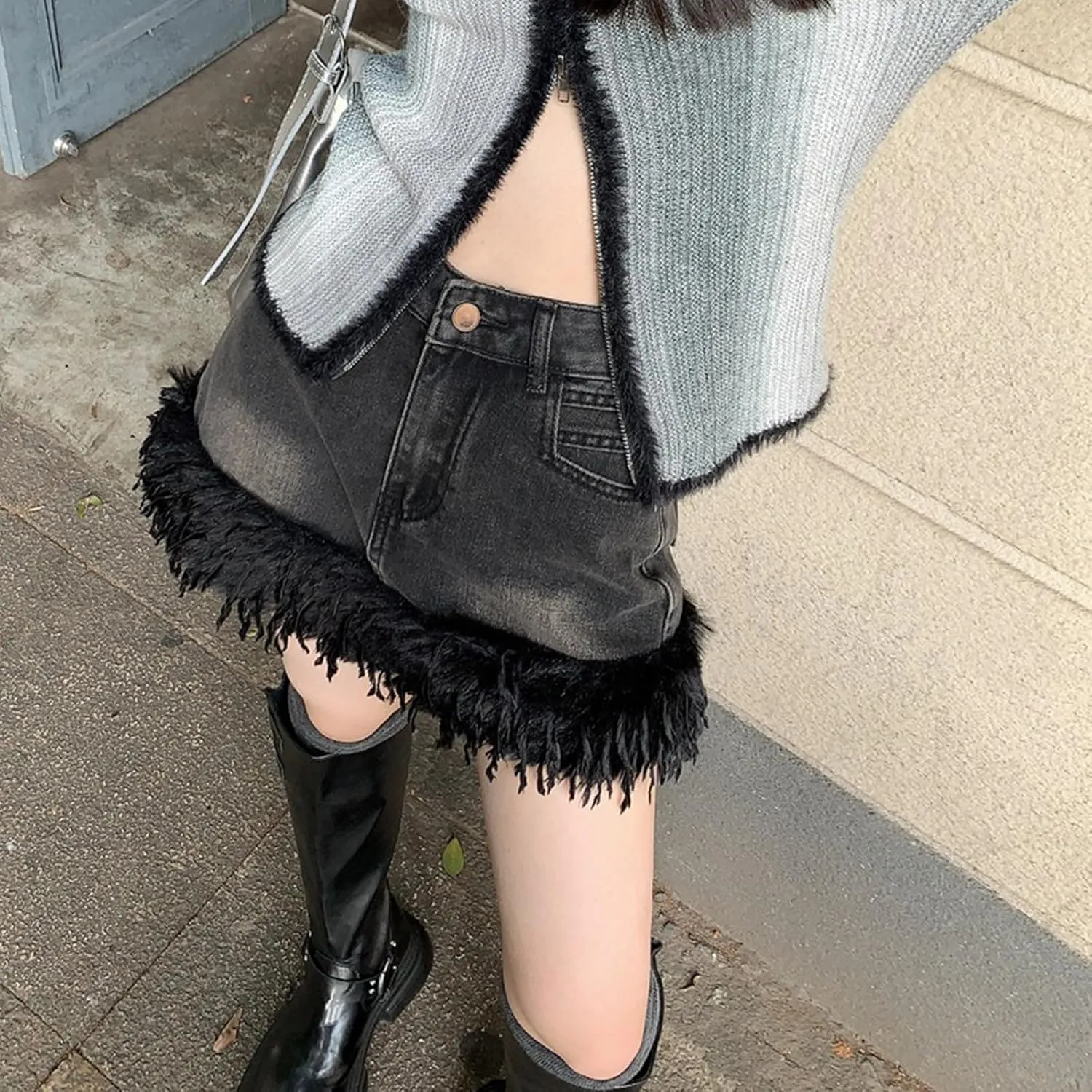 Jean Skirts for Women Y2k High Waisted Tassel Stretchy Mini Denim Skirt with Faux Fur Trim