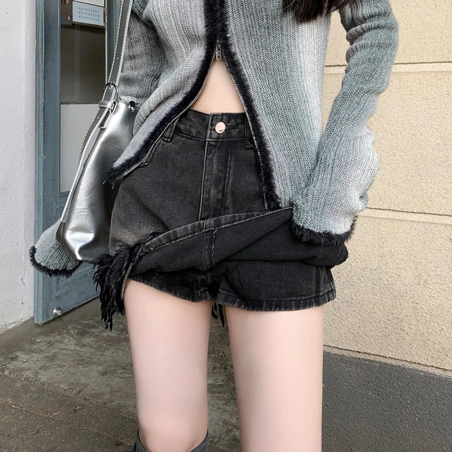 Jean Skirts for Women Y2k High Waisted Tassel Stretchy Mini Denim Skirt with Faux Fur Trim