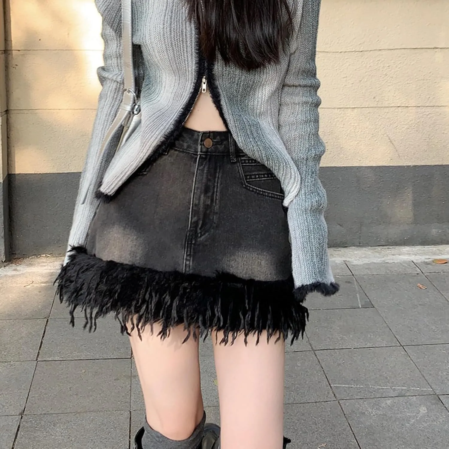 Jean Skirts for Women Y2k High Waisted Tassel Stretchy Mini Denim Skirt with Faux Fur Trim