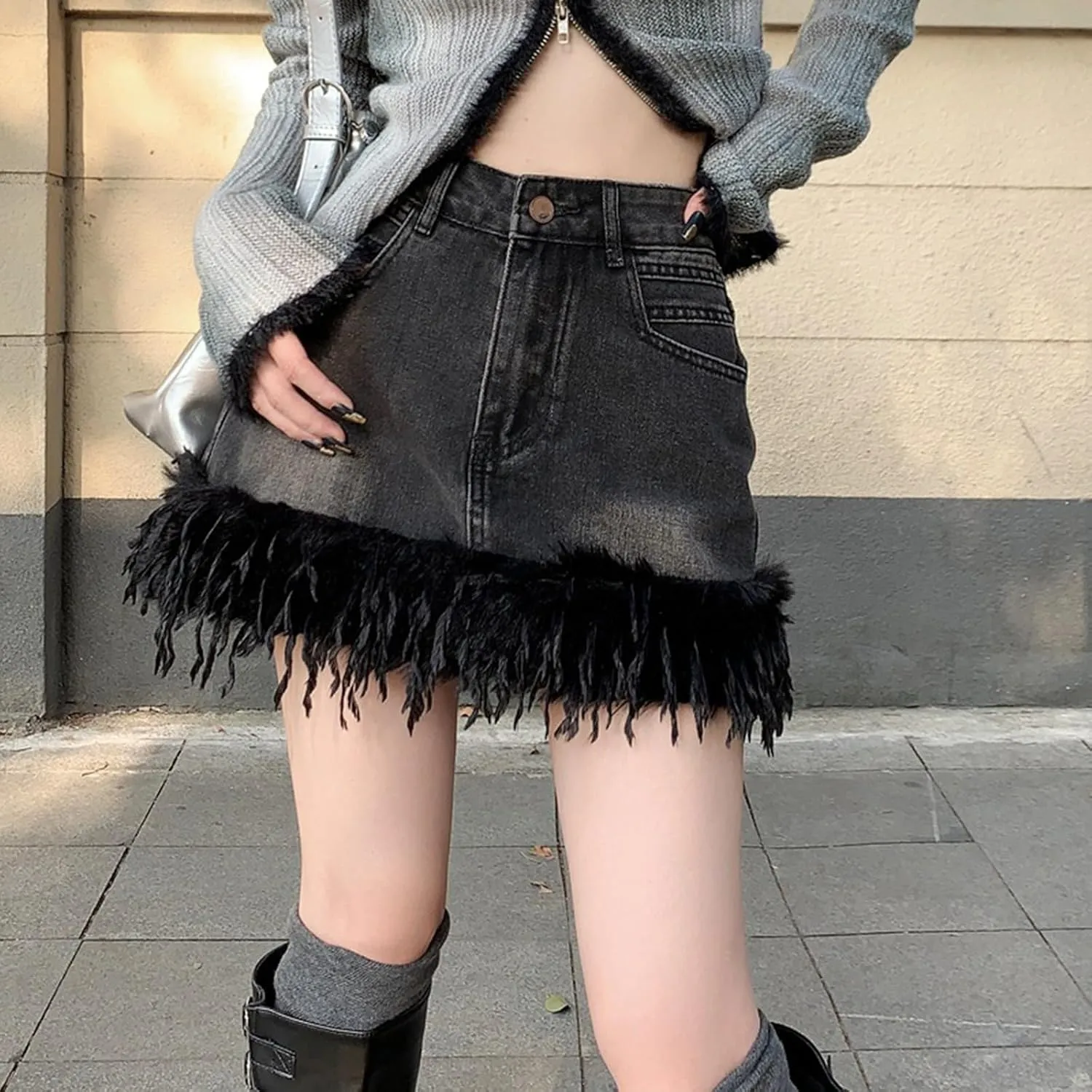 Jean Skirts for Women Y2k High Waisted Tassel Stretchy Mini Denim Skirt with Faux Fur Trim