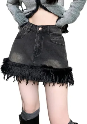 Jean Skirts for Women Y2k High Waisted Tassel Stretchy Mini Denim Skirt with Faux Fur Trim