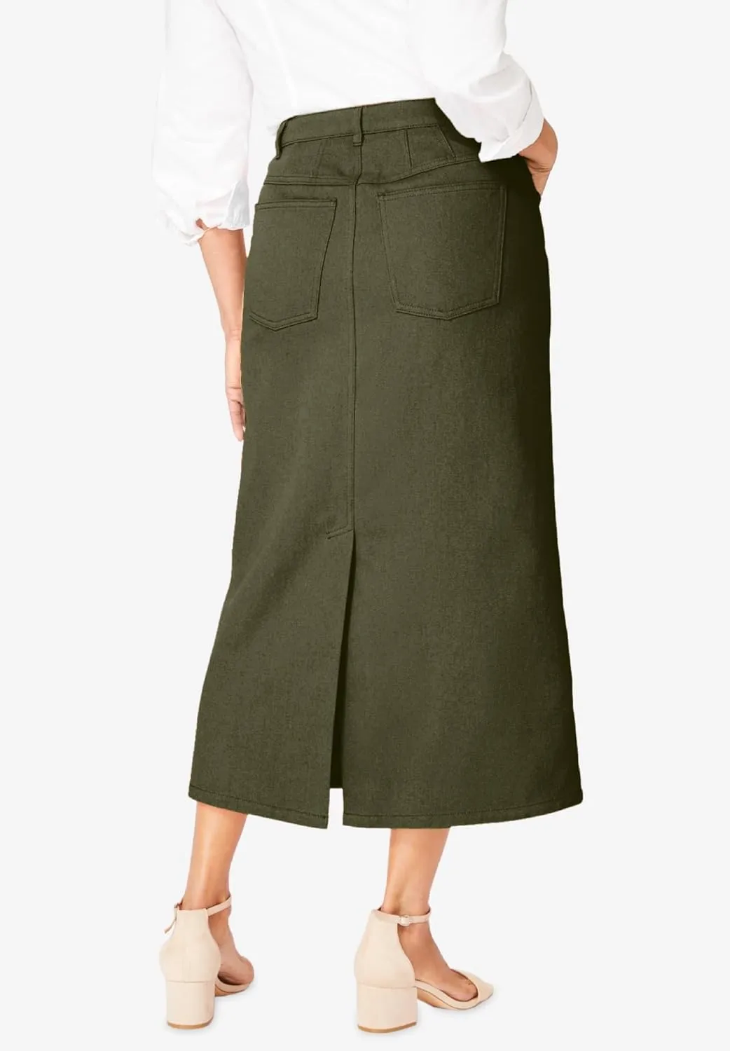 Jessica London Women's Plus Size Classic Cotton Denim Midi Skirt Pockets Long Jean Skirt