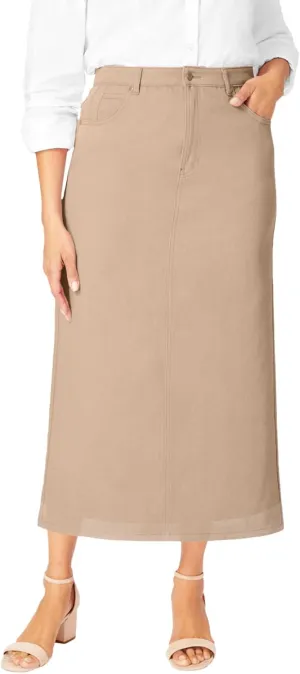 Jessica London Women's Plus Size Classic Cotton Denim Midi Skirt Pockets Long Jean Skirt