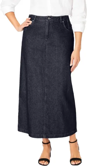 Jessica London Women's Plus Size Classic Cotton Denim Midi Skirt Pockets Long Jean Skirt
