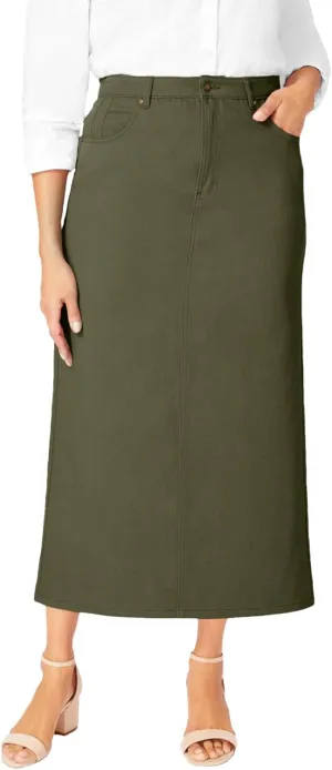 Jessica London Women's Plus Size Classic Cotton Denim Midi Skirt Pockets Long Jean Skirt