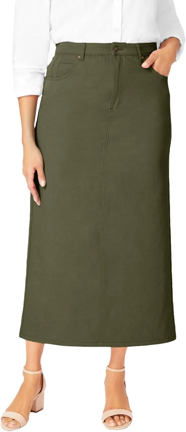 Jessica London Women's Plus Size Classic Cotton Denim Midi Skirt Pockets Long Jean Skirt