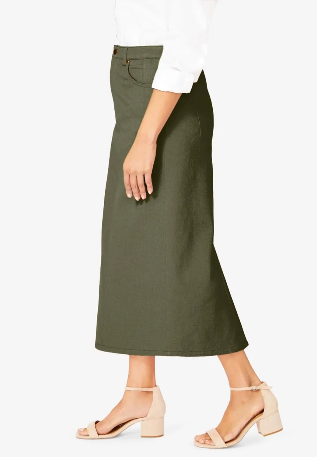 Jessica London Women's Plus Size Classic Cotton Denim Midi Skirt Pockets Long Jean Skirt