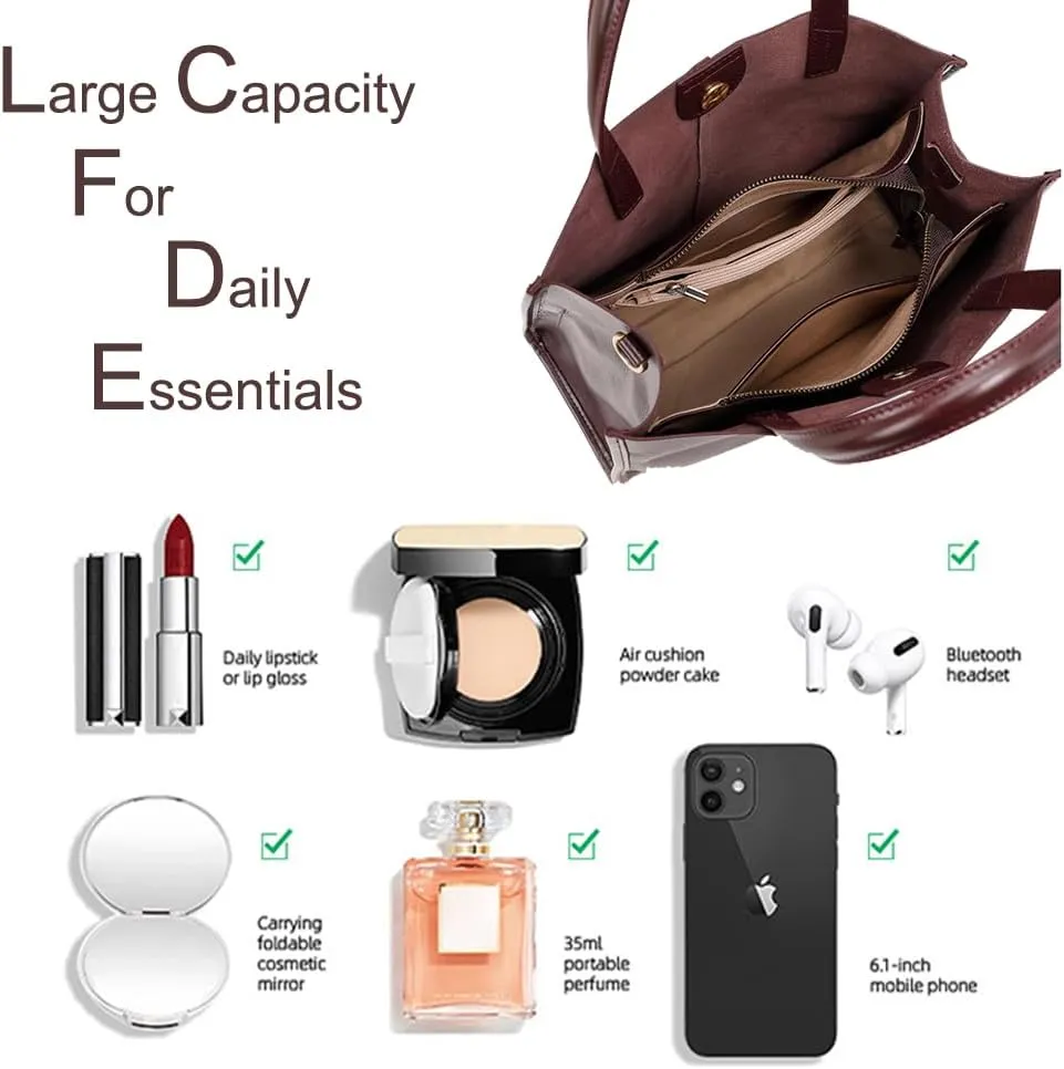 JIUFENG Leather Bucket Tote Purse for Women, Tote Handbags Shoulder Bag with Zipper Pockets and Snap