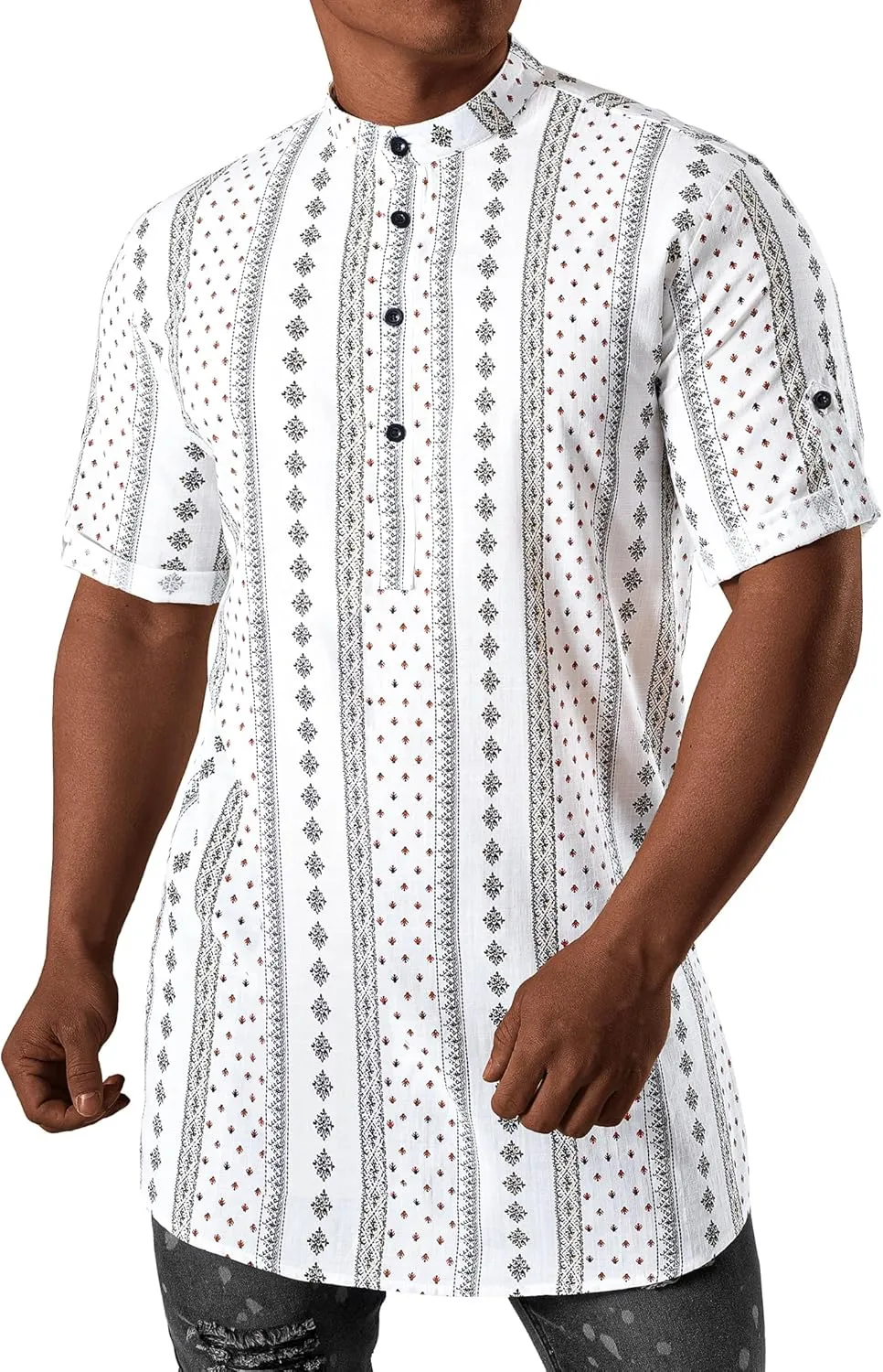 JOGAL Mens Striped Henley Shirt Short Sleeve Traditional African Style Dashiki Shirts
