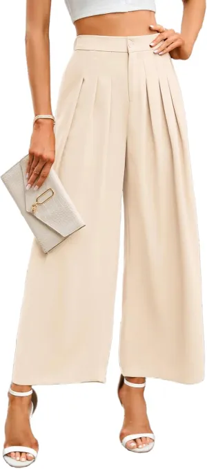 KOJOOIN Wide Leg High Waisted Pants for Women Elastic Waisted Pleated Loose Flowy Trousers Business Casual Palazzo Pants