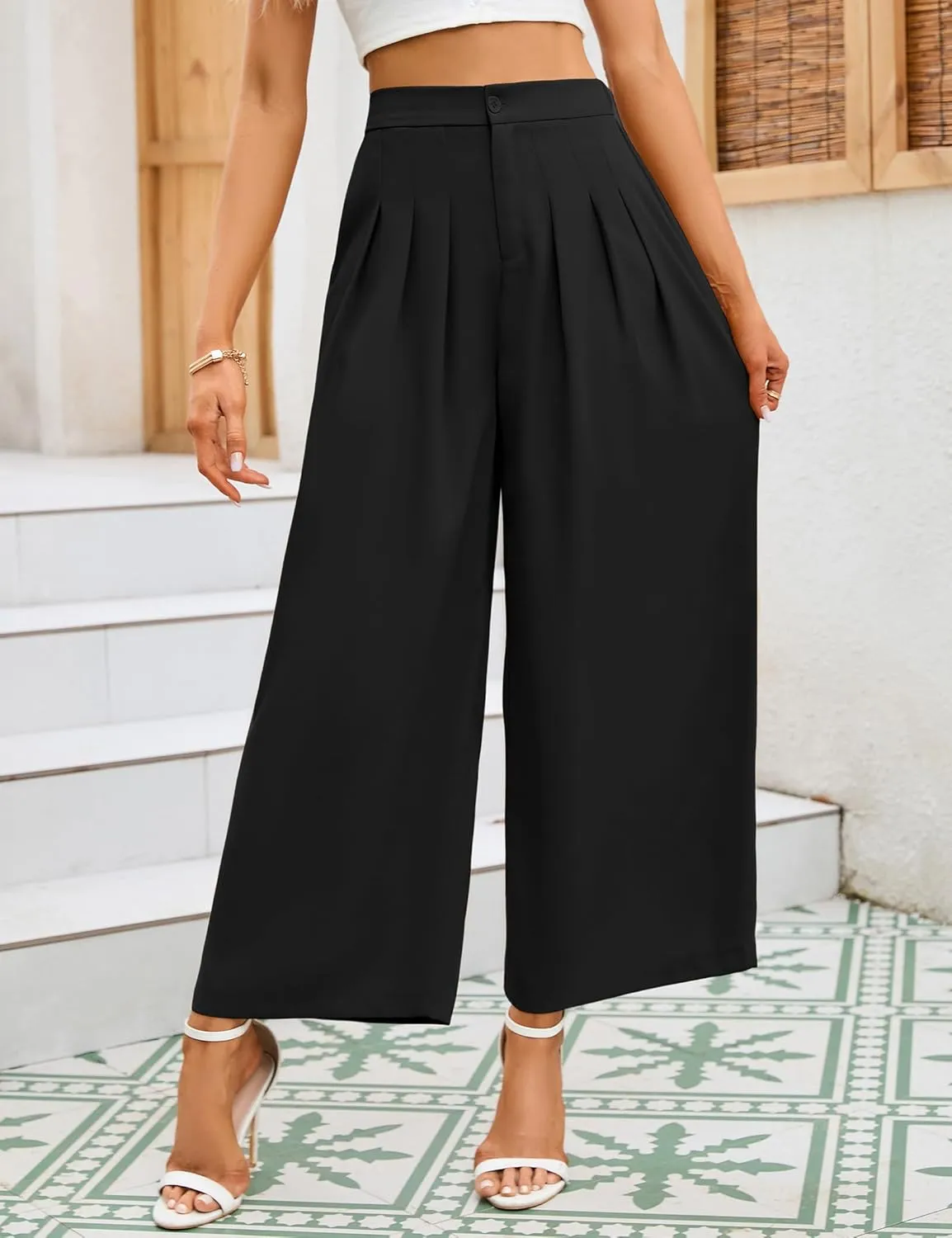 KOJOOIN Wide Leg High Waisted Pants for Women Elastic Waisted Pleated Loose Flowy Trousers Business Casual Palazzo Pants