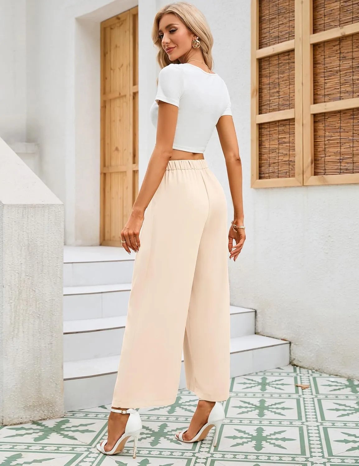 KOJOOIN Wide Leg High Waisted Pants for Women Elastic Waisted Pleated Loose Flowy Trousers Business Casual Palazzo Pants