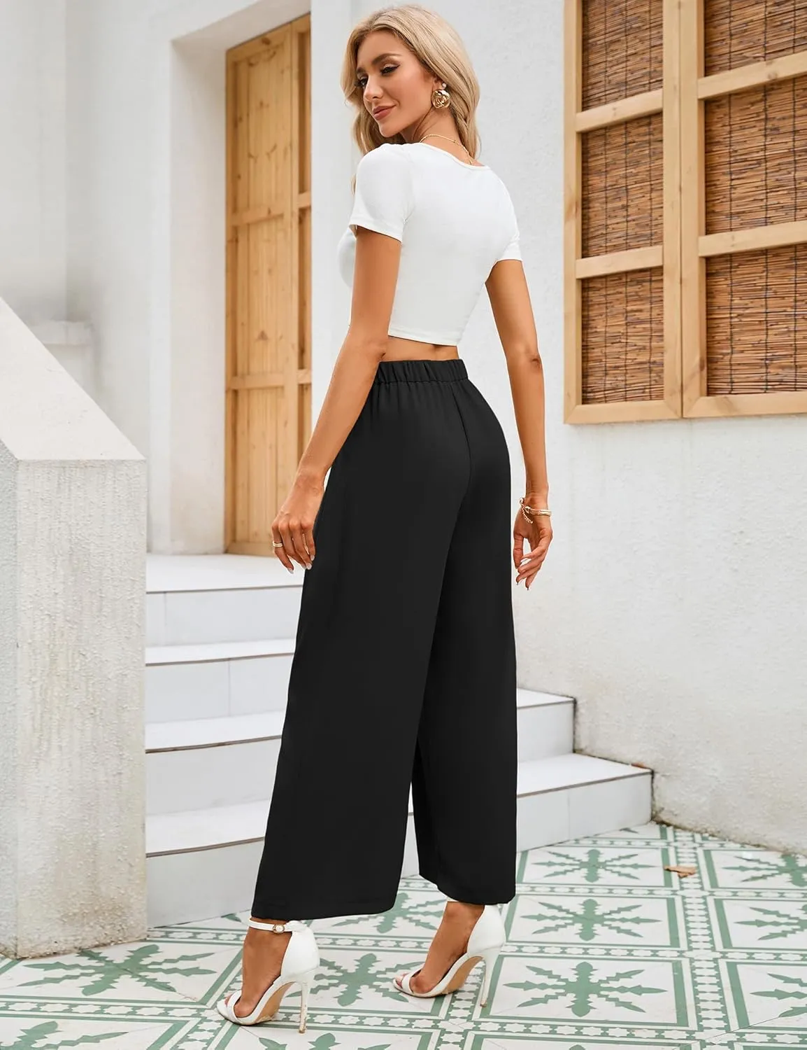 KOJOOIN Wide Leg High Waisted Pants for Women Elastic Waisted Pleated Loose Flowy Trousers Business Casual Palazzo Pants
