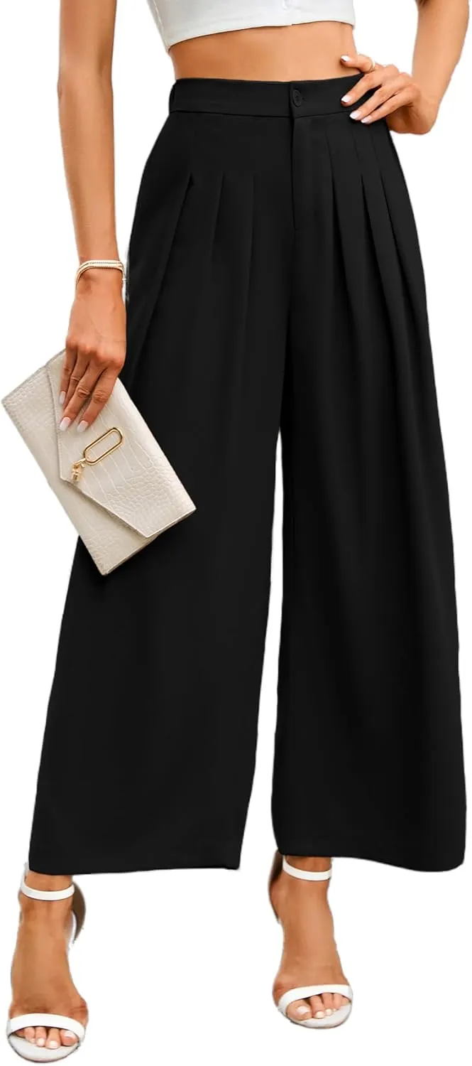 KOJOOIN Wide Leg High Waisted Pants for Women Elastic Waisted Pleated Loose Flowy Trousers Business Casual Palazzo Pants