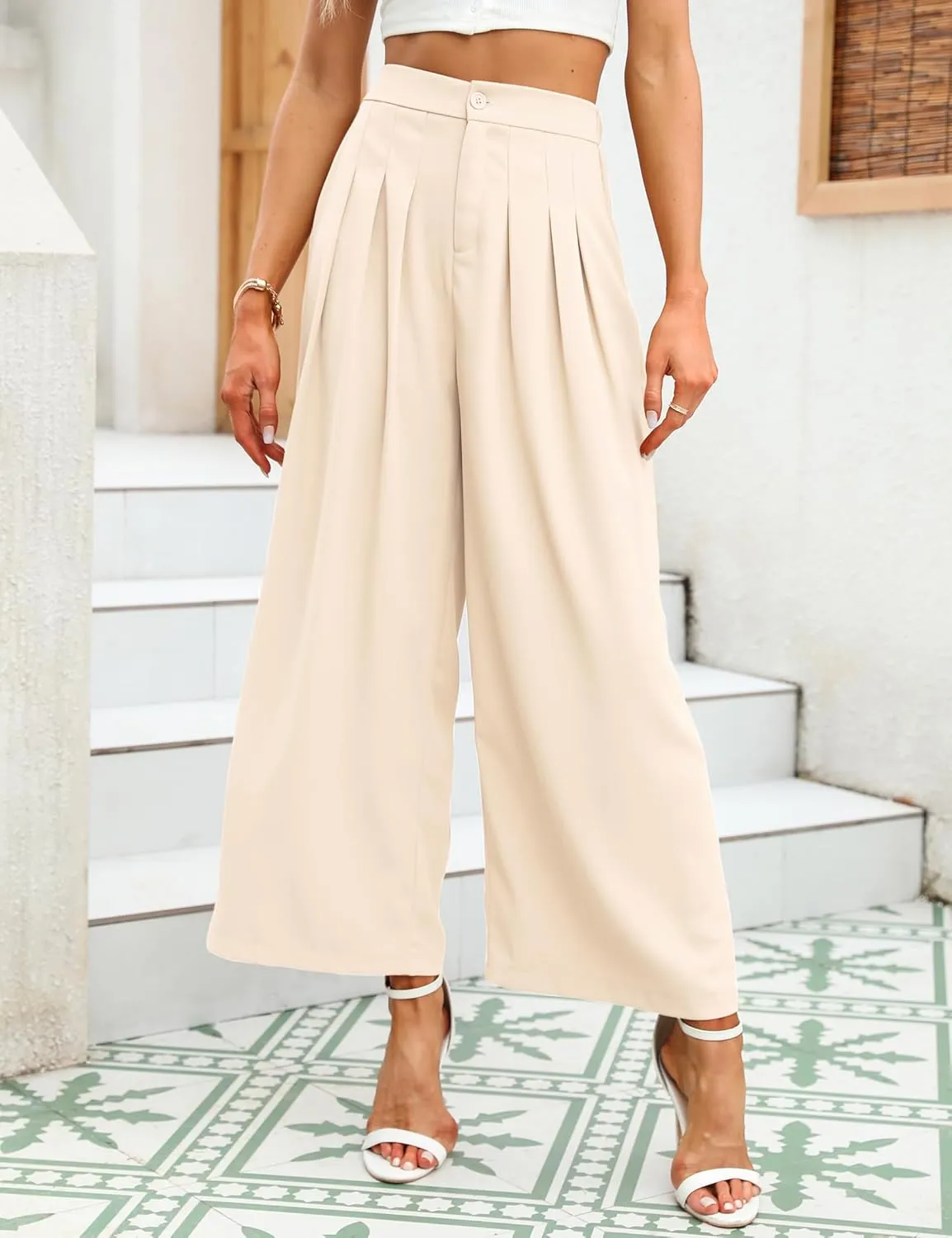 KOJOOIN Wide Leg High Waisted Pants for Women Elastic Waisted Pleated Loose Flowy Trousers Business Casual Palazzo Pants