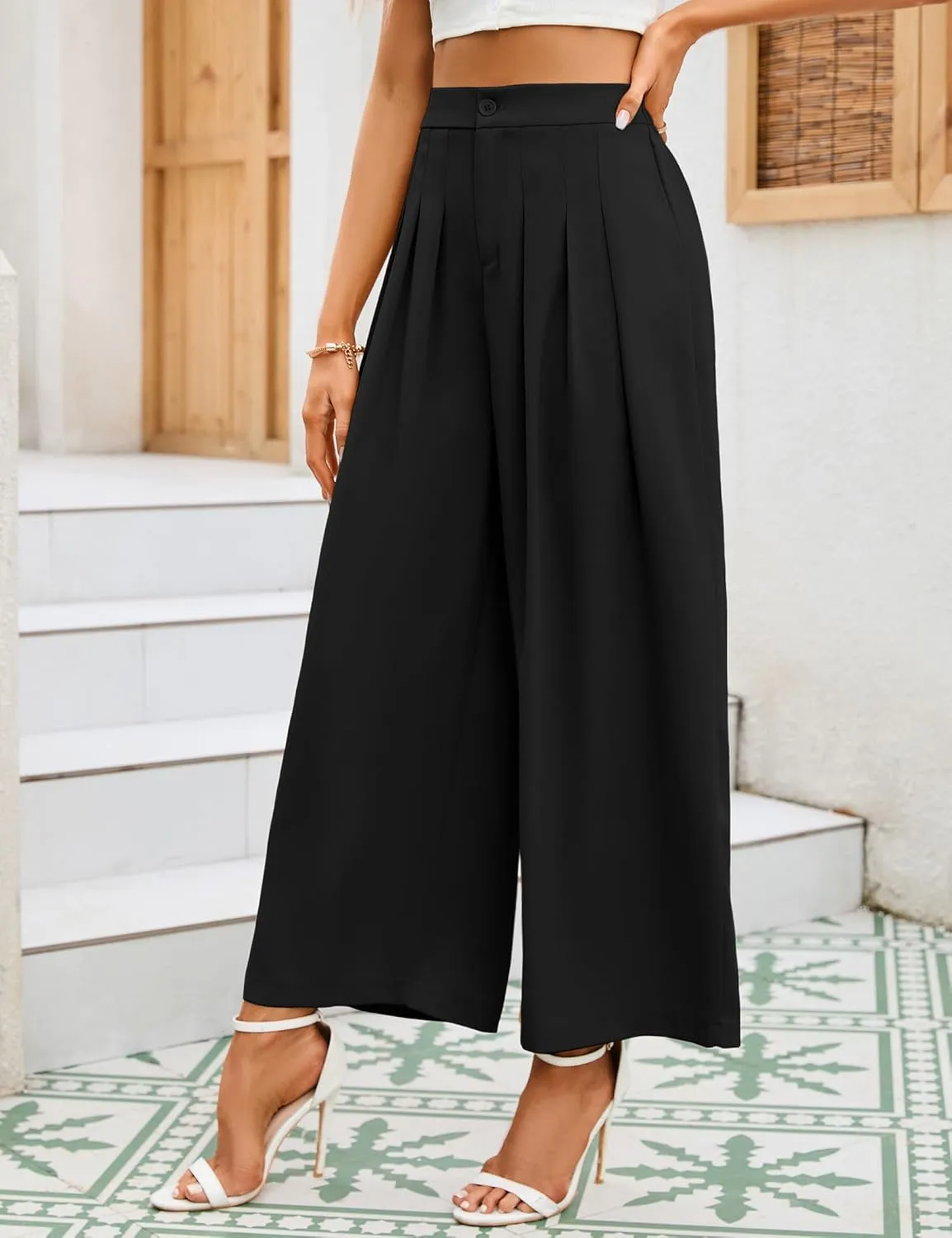 KOJOOIN Wide Leg High Waisted Pants for Women Elastic Waisted Pleated Loose Flowy Trousers Business Casual Palazzo Pants