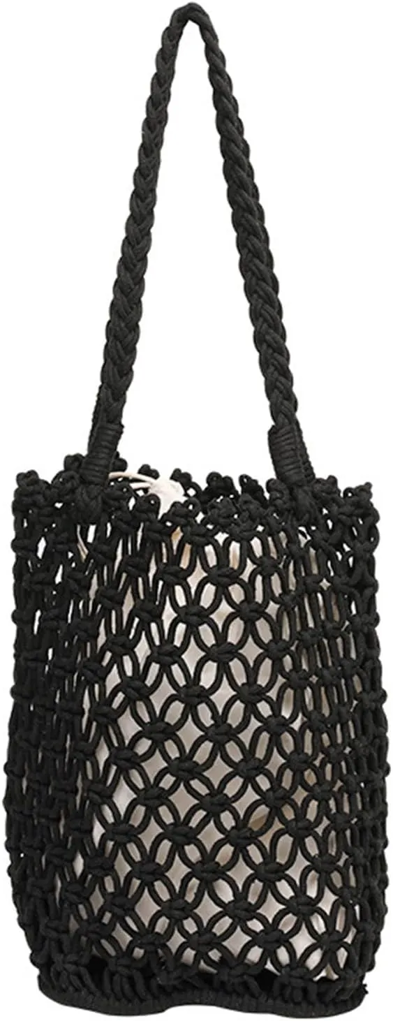 Ladies cotton shoulder bag bucket bag woven drawstring handbag