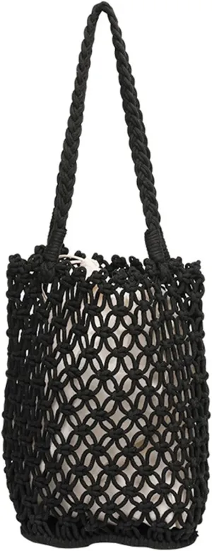 Ladies cotton shoulder bag bucket bag woven drawstring handbag